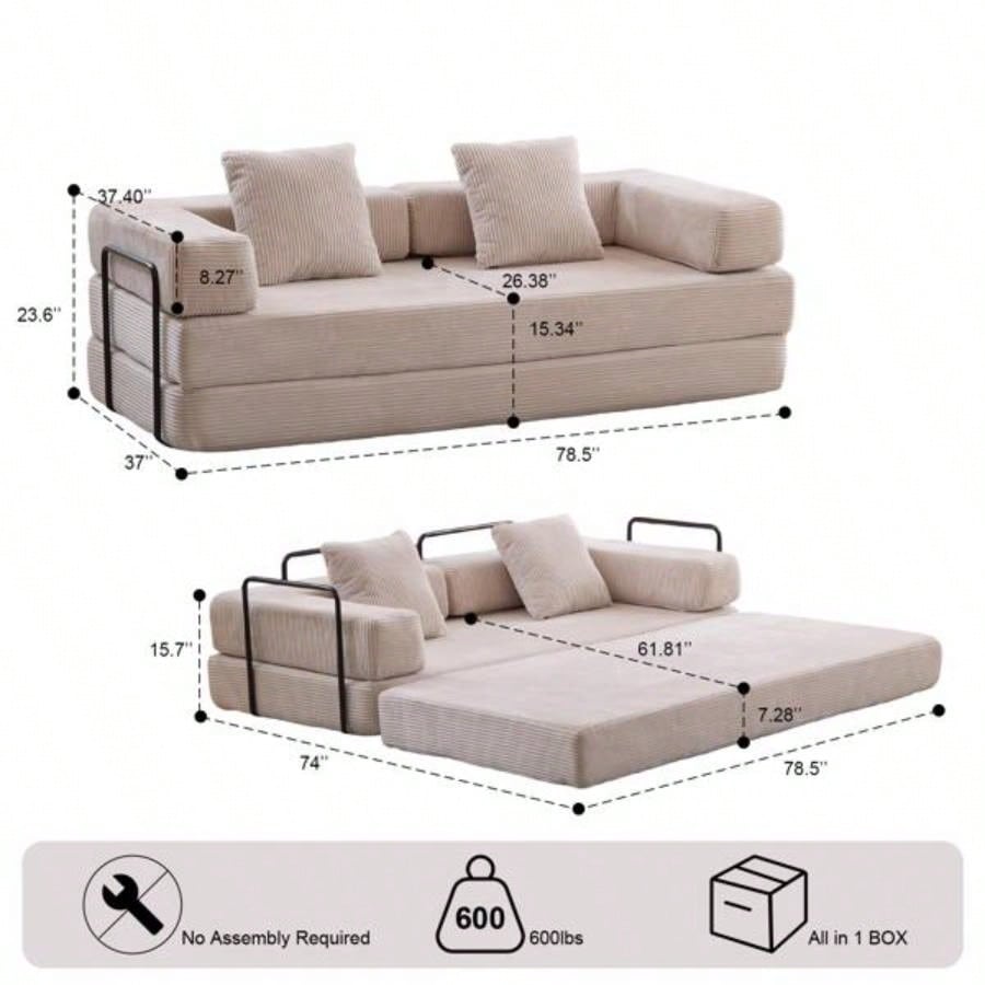 Floor Couch, Compression Sofa, Convertible Floor Sofa Bed - with Pillow Back Support Armrest, Comfy Futon Couch Lounge Sleeper Bed, Corduroy Fabric, Living Room Bedroom light