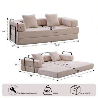 Floor Couch, Compression Sofa, Convertible Floor Sofa Bed - with Pillow Back Support Armrest, Comfy Futon Couch Lounge Sleeper Bed, Corduroy Fabric, Living Room Bedroom light
