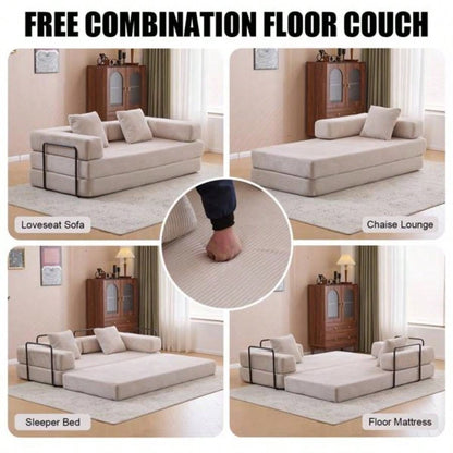 Floor Couch, Compression Sofa, Convertible Floor Sofa Bed - with Pillow Back Support Armrest, Comfy Futon Couch Lounge Sleeper Bed, Corduroy Fabric, Living Room Bedroom light