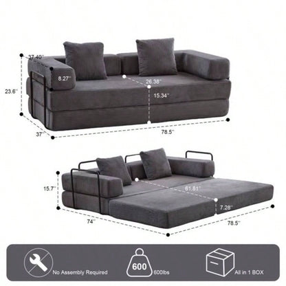Floor Couch, Compression Sofa, Convertible Floor Sofa Bed - with Pillow Back Support Armrest, Comfy Futon Couch Lounge Sleeper Bed, Corduroy Fabric, Living Room Bedroom dark