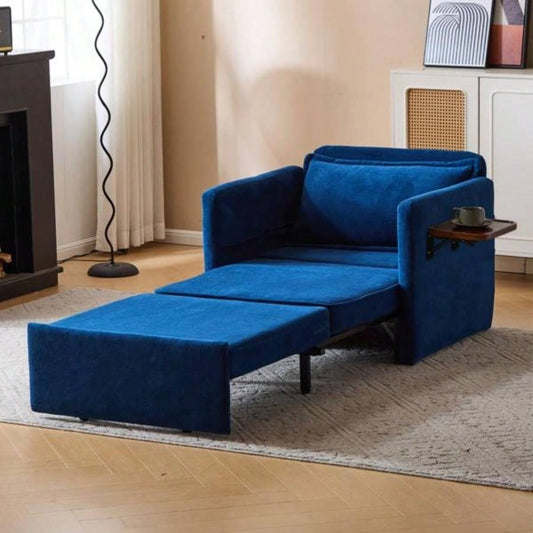 Adult Sleeper Chair Bed, 3 - in - 1 Convertible Sofa Chair Bed Pull - out Sofa Bed, Convenient Folding Tray Table with USB and Type - C Charging Ports Living Room, BLUE, Fabric