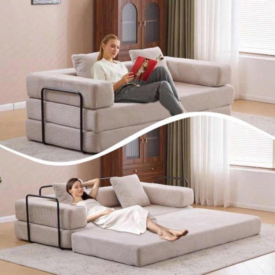 Floor Couch, Compression Sofa, Convertible Floor Sofa Bed - with Pillow Back Support Armrest, Comfy Futon Couch Lounge Sleeper Bed, Corduroy Fabric, Living Room Bedroom light