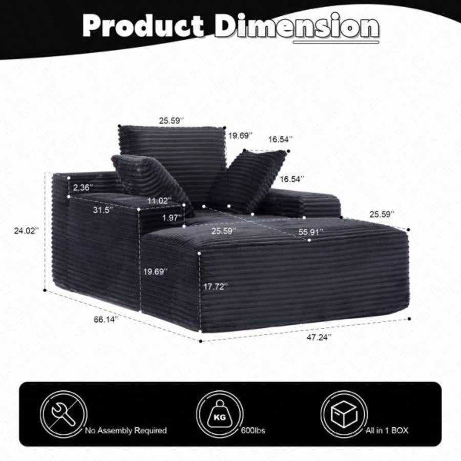 Oversized Chaise Lounge Chair Cozy Cloud Couch, Modern Plush Corduroy Upholstered Sleeper Sofa Daybed with 3 Throw Pillows and Wide Armrest Living Room, No Assembly Required, Black