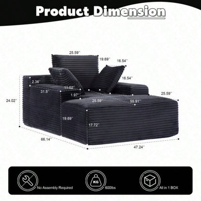 Oversized Chaise Lounge Chair Cozy Cloud Couch, Modern Plush Corduroy Upholstered Sleeper Sofa Daybed with 3 Throw Pillows and Wide Armrest Living Room, No Assembly Required, Black