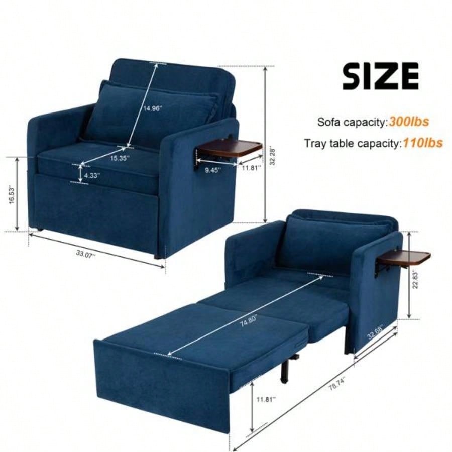 Adult Sleeper Chair Bed, 3 - in - 1 Convertible Sofa Chair Bed Pull - out Sofa Bed, Convenient Folding Tray Table with USB and Type - C Charging Ports Living Room, BLUE, Fabric