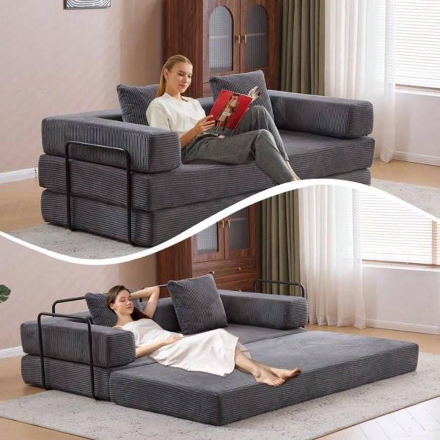Floor Couch, Compression Sofa, Convertible Floor Sofa Bed - with Pillow Back Support Armrest, Comfy Futon Couch Lounge Sleeper Bed, Corduroy Fabric, Living Room Bedroom dark