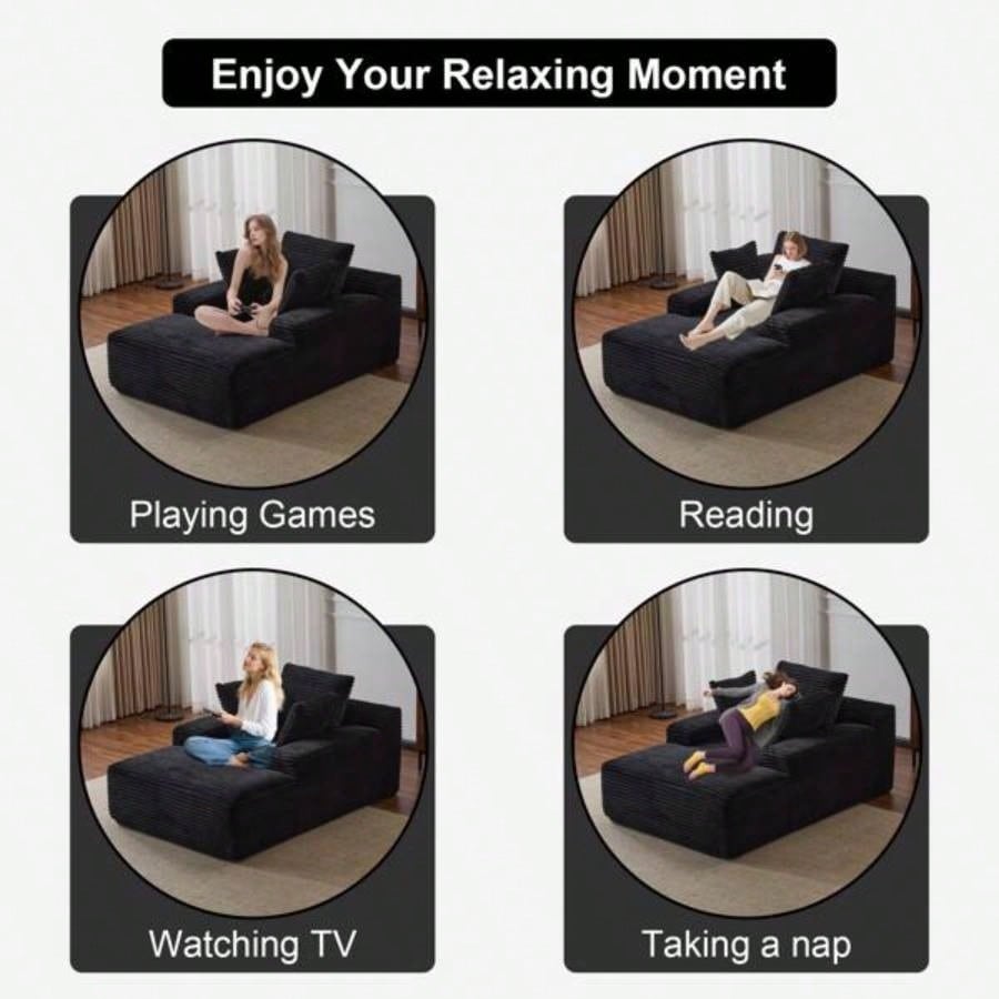Oversized Chaise Lounge Chair Cozy Cloud Couch, Modern Plush Corduroy Upholstered Sleeper Sofa Daybed with 3 Throw Pillows and Wide Armrest Living Room, No Assembly Required, Black