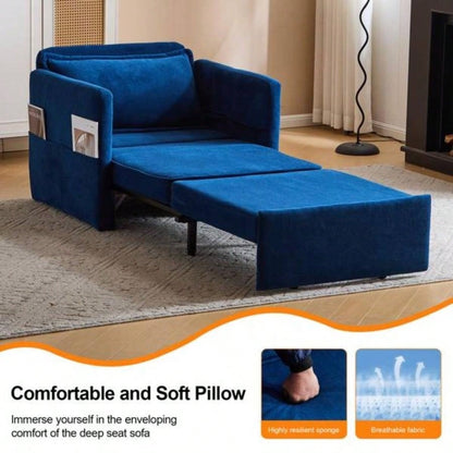 Adult Sleeper Chair Bed, 3 - in - 1 Convertible Sofa Chair Bed Pull - out Sofa Bed, Convenient Folding Tray Table with USB and Type - C Charging Ports Living Room, BLUE, Fabric