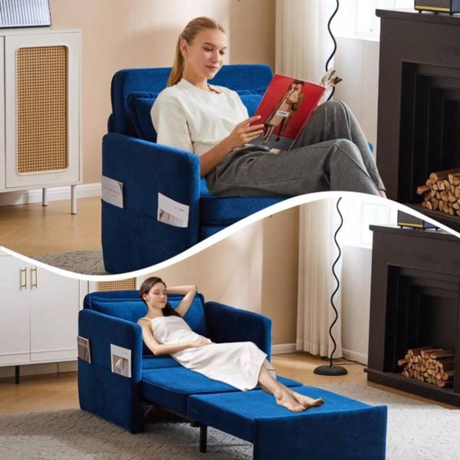 Adult Sleeper Chair Bed, 3 - in - 1 Convertible Sofa Chair Bed Pull - out Sofa Bed, Convenient Folding Tray Table with USB and Type - C Charging Ports Living Room, BLUE, Fabric