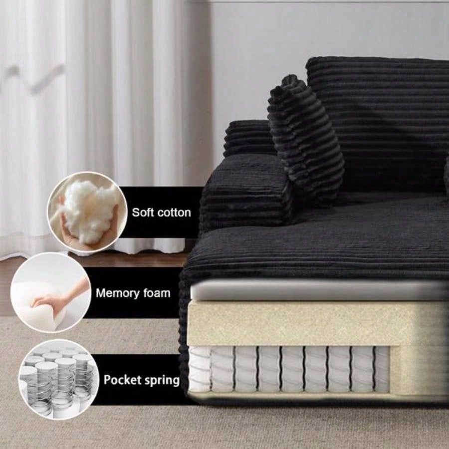 Oversized Chaise Lounge Chair Cozy Cloud Couch, Modern Plush Corduroy Upholstered Sleeper Sofa Daybed with 3 Throw Pillows and Wide Armrest Living Room, No Assembly Required, Black