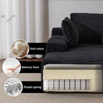 Oversized Chaise Lounge Chair Cozy Cloud Couch, Modern Plush Corduroy Upholstered Sleeper Sofa Daybed with 3 Throw Pillows and Wide Armrest Living Room, No Assembly Required, Black