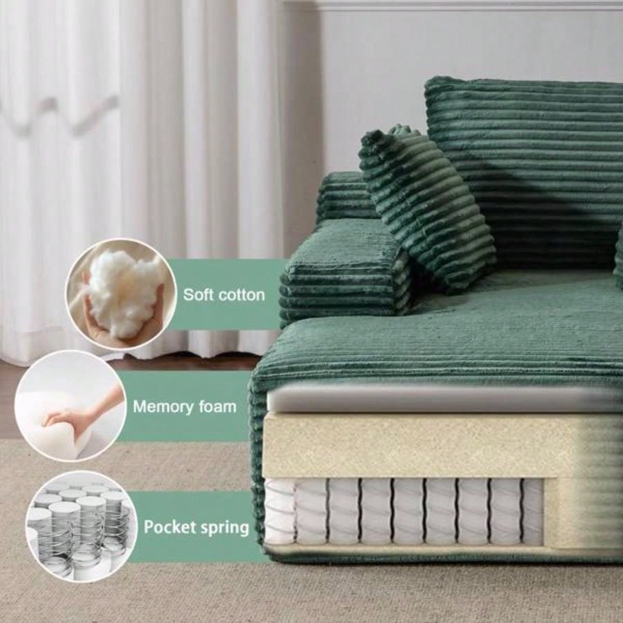 Oversized Chaise Lounge Chair Cozy Cloud Couch, Modern Plush Corduroy Upholstered Sleeper Sofa Daybed with 3 Throw Pillows and Wide Armrest Living Room, No Assembly Required, Green