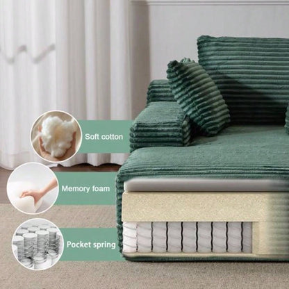 Oversized Chaise Lounge Chair Cozy Cloud Couch, Modern Plush Corduroy Upholstered Sleeper Sofa Daybed with 3 Throw Pillows and Wide Armrest Living Room, No Assembly Required, Green