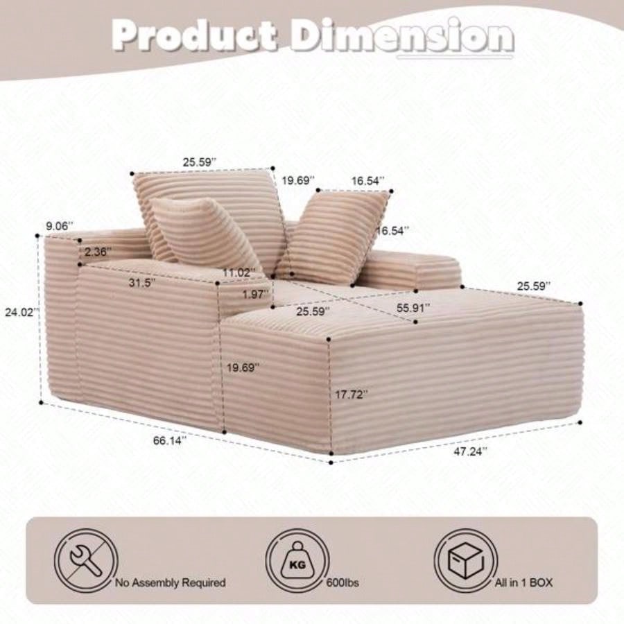 Oversized Chaise Lounge Chair Cozy Cloud Couch, Modern Plush Corduroy Upholstered Sleeper Sofa Daybed with 3 Throw Pillows and Wide Armrest Living Room, No Assembly Required, Beige