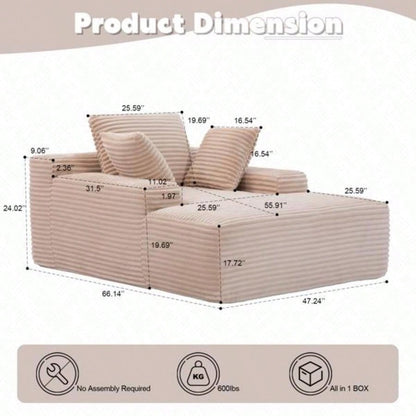 Oversized Chaise Lounge Chair Cozy Cloud Couch, Modern Plush Corduroy Upholstered Sleeper Sofa Daybed with 3 Throw Pillows and Wide Armrest Living Room, No Assembly Required, Beige