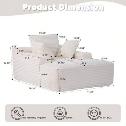 Oversized Chaise Lounge Chair Cozy Cloud Couch, Modern Plush Corduroy Upholstered Sleeper Sofa Daybed with 3 Throw Pillows and Wide Armrest Living Room, No Assembly Required, White