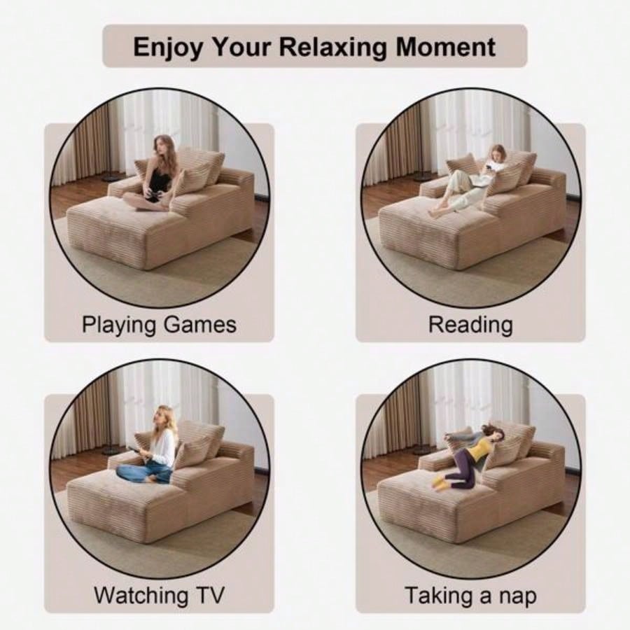 Oversized Chaise Lounge Chair Cozy Cloud Couch, Modern Plush Corduroy Upholstered Sleeper Sofa Daybed with 3 Throw Pillows and Wide Armrest Living Room, No Assembly Required, Beige