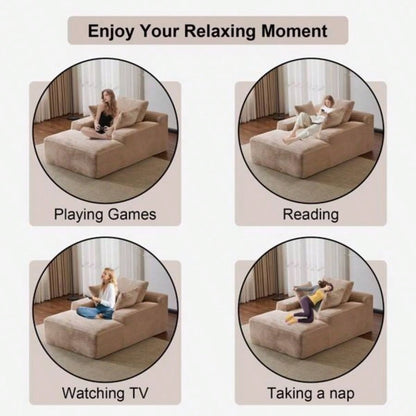 Oversized Chaise Lounge Chair Cozy Cloud Couch, Modern Plush Corduroy Upholstered Sleeper Sofa Daybed with 3 Throw Pillows and Wide Armrest Living Room, No Assembly Required, Beige