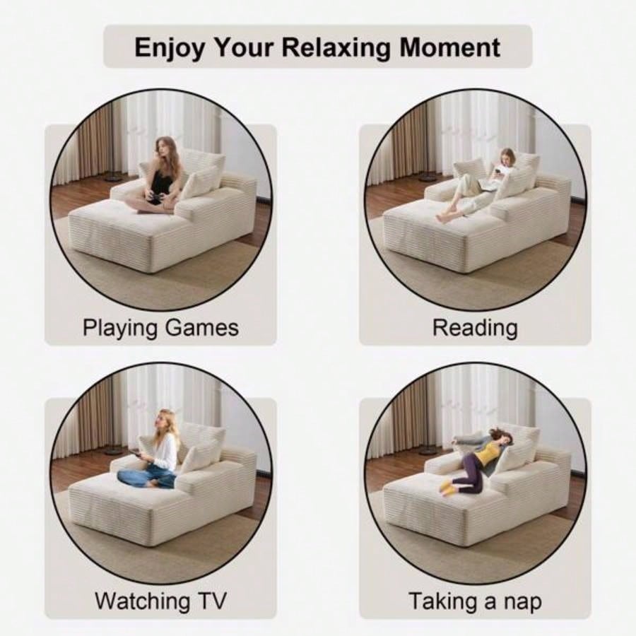 Oversized Chaise Lounge Chair Cozy Cloud Couch, Modern Plush Corduroy Upholstered Sleeper Sofa Daybed with 3 Throw Pillows and Wide Armrest Living Room, No Assembly Required, White