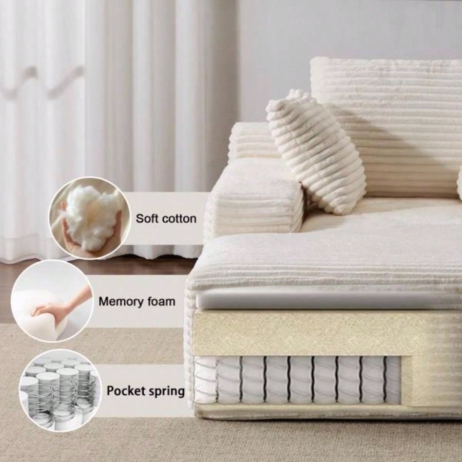 Oversized Chaise Lounge Chair Cozy Cloud Couch, Modern Plush Corduroy Upholstered Sleeper Sofa Daybed with 3 Throw Pillows and Wide Armrest Living Room, No Assembly Required, White