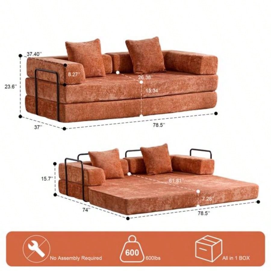Floor Couch, Compression Sofa, Convertible Floor Sofa Bed - with Pillow Back Support Armrest, Comfy Futon Couch Lounge Sleeper Bed, chenille fabric, Living Room Bedroom orange