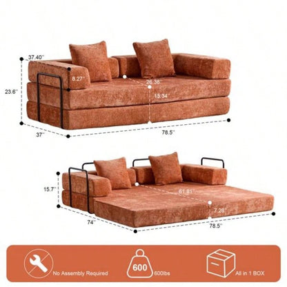Floor Couch, Compression Sofa, Convertible Floor Sofa Bed - with Pillow Back Support Armrest, Comfy Futon Couch Lounge Sleeper Bed, chenille fabric, Living Room Bedroom orange