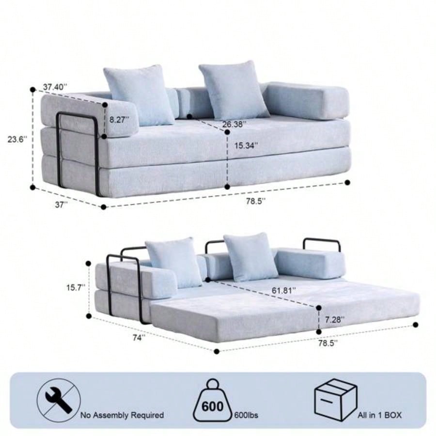 Floor Couch, Compression Sofa, Convertible Floor Sofa Bed - with Pillow Back Support Armrest, Comfy Futon Couch Lounge Sleeper Bed, Chenille fabric, Living Room Bedroom LIGHT - BLUE