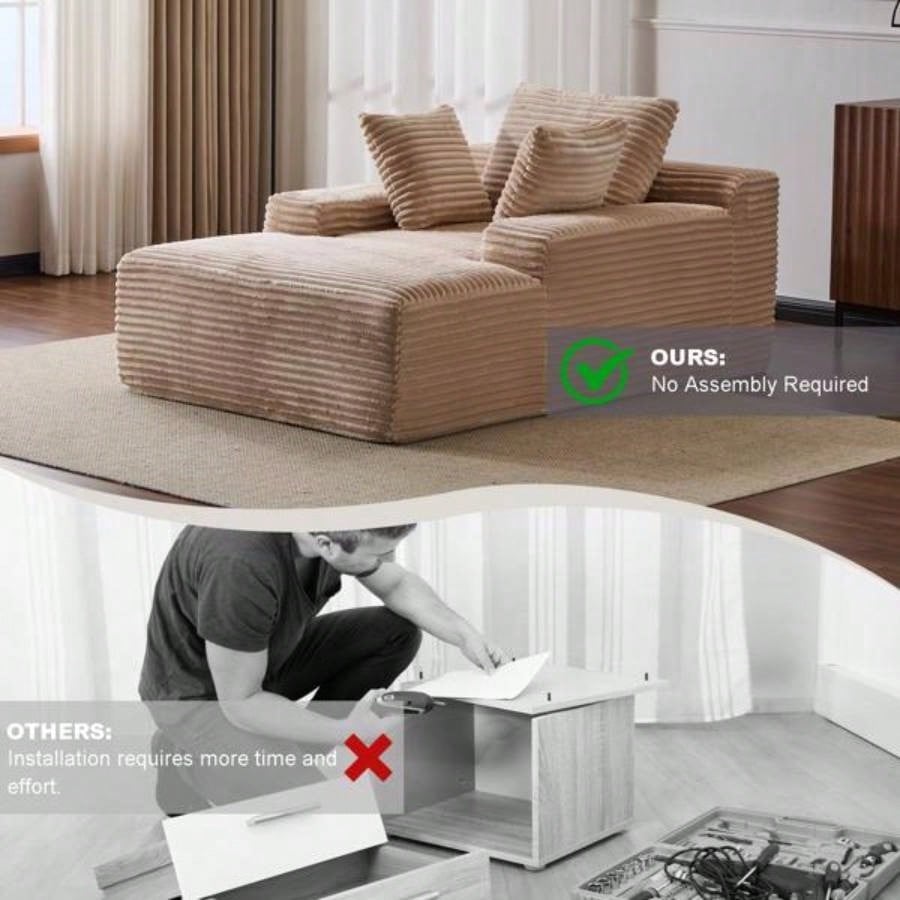 Oversized Chaise Lounge Chair Cozy Cloud Couch, Modern Plush Corduroy Upholstered Sleeper Sofa Daybed with 3 Throw Pillows and Wide Armrest Living Room, No Assembly Required, Beige