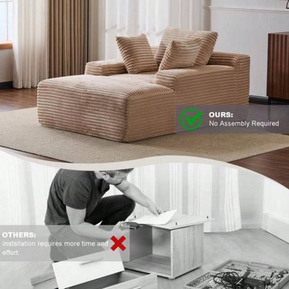 Oversized Chaise Lounge Chair Cozy Cloud Couch, Modern Plush Corduroy Upholstered Sleeper Sofa Daybed with 3 Throw Pillows and Wide Armrest Living Room, No Assembly Required, Beige