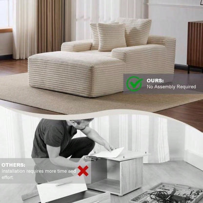 Oversized Chaise Lounge Chair Cozy Cloud Couch, Modern Plush Corduroy Upholstered Sleeper Sofa Daybed with 3 Throw Pillows and Wide Armrest Living Room, No Assembly Required, White