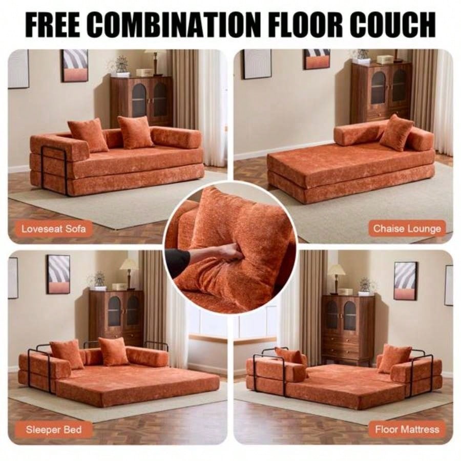Floor Couch, Compression Sofa, Convertible Floor Sofa Bed - with Pillow Back Support Armrest, Comfy Futon Couch Lounge Sleeper Bed, chenille fabric, Living Room Bedroom orange