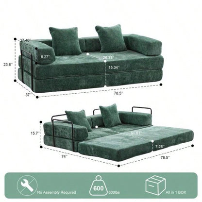 Floor Couch, Compression Sofa, Convertible Floor Sofa Bed - with Pillow Back Support Armrest, Comfy Futon Couch Lounge Sleeper Bed, Flannel fabric, Living Room Bedroom dark green