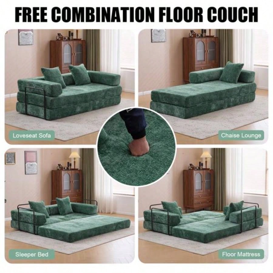 Floor Couch, Compression Sofa, Convertible Floor Sofa Bed - with Pillow Back Support Armrest, Comfy Futon Couch Lounge Sleeper Bed, Flannel fabric, Living Room Bedroom dark green