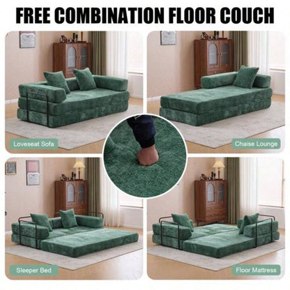 Floor Couch, Compression Sofa, Convertible Floor Sofa Bed - with Pillow Back Support Armrest, Comfy Futon Couch Lounge Sleeper Bed, Flannel fabric, Living Room Bedroom dark green