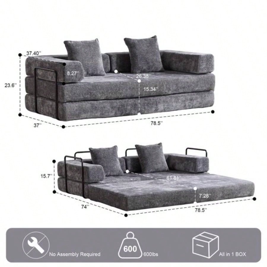 Floor Couch, Compression Sofa, Convertible Floor Sofa Bed - with Pillow Back Support Armrest, Comfy Futon Couch Lounge Sleeper Bed, Chenile fabric, Living Room Bedroom DARK -