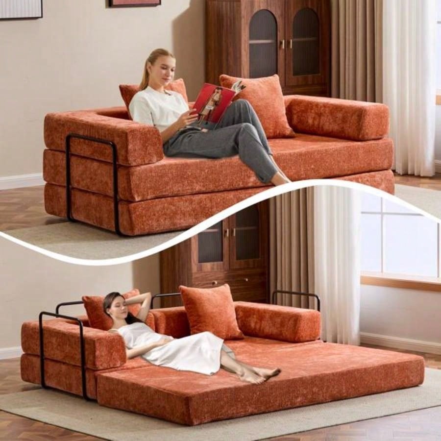 Floor Couch, Compression Sofa, Convertible Floor Sofa Bed - with Pillow Back Support Armrest, Comfy Futon Couch Lounge Sleeper Bed, chenille fabric, Living Room Bedroom orange