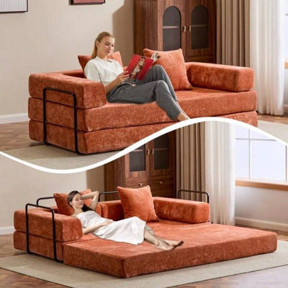Floor Couch, Compression Sofa, Convertible Floor Sofa Bed - with Pillow Back Support Armrest, Comfy Futon Couch Lounge Sleeper Bed, chenille fabric, Living Room Bedroom orange