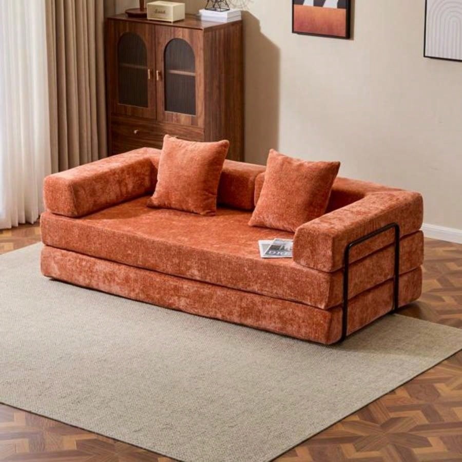 Floor Couch, Compression Sofa, Convertible Floor Sofa Bed - with Pillow Back Support Armrest, Comfy Futon Couch Lounge Sleeper Bed, chenille fabric, Living Room Bedroom orange