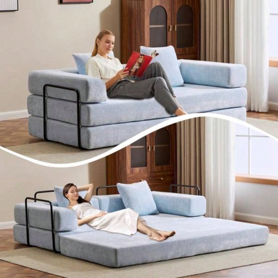 Floor Couch, Compression Sofa, Convertible Floor Sofa Bed - with Pillow Back Support Armrest, Comfy Futon Couch Lounge Sleeper Bed, Chenille fabric, Living Room Bedroom LIGHT - BLUE