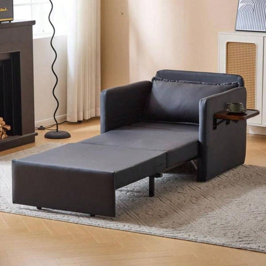 Adult Sleeper Chair Bed, 3 - in - 1 Convertible Sofa Chair Bed Pull - out Sofa Bed, Convenient Folding Tray Table with USB and Type - C Charging Ports Living Room, BLACK, Leather