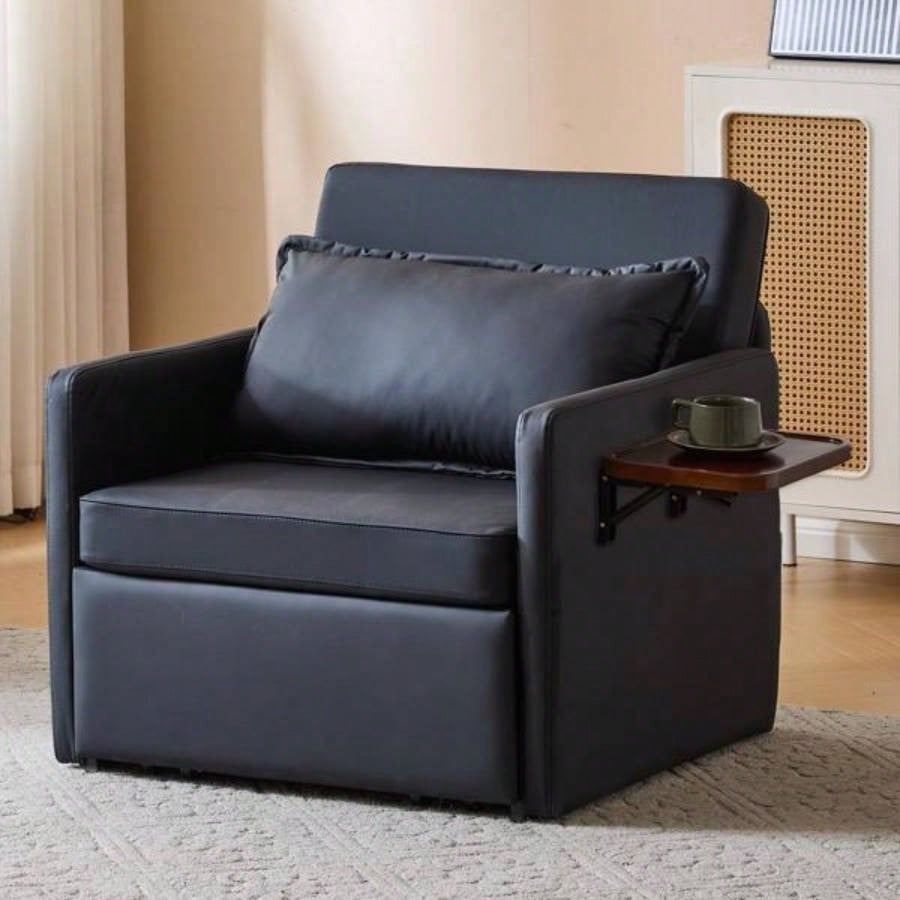 Adult Sleeper Chair Bed, 3 - in - 1 Convertible Sofa Chair Bed Pull - out Sofa Bed, Convenient Folding Tray Table with USB and Type - C Charging Ports Living Room, BLACK, Leather