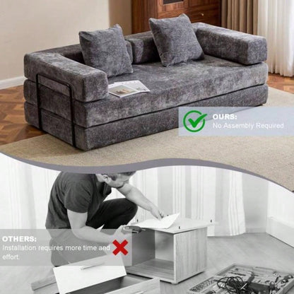 Floor Couch, Compression Sofa, Convertible Floor Sofa Bed - with Pillow Back Support Armrest, Comfy Futon Couch Lounge Sleeper Bed, Chenile fabric, Living Room Bedroom DARK -