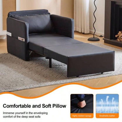 Adult Sleeper Chair Bed, 3 - in - 1 Convertible Sofa Chair Bed Pull - out Sofa Bed, Convenient Folding Tray Table with USB and Type - C Charging Ports Living Room, BLACK, Leather