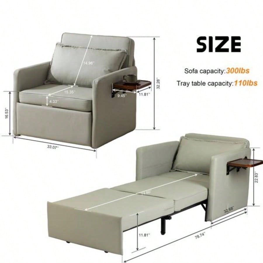 Adult Sleeper Chair Bed, 3 - in - 1 Convertible Sofa Chair Bed Pull - out Sofa Bed, Convenient Folding Tray Table with USB and Type - C Charging Ports Living Room, LIGHT - Leather