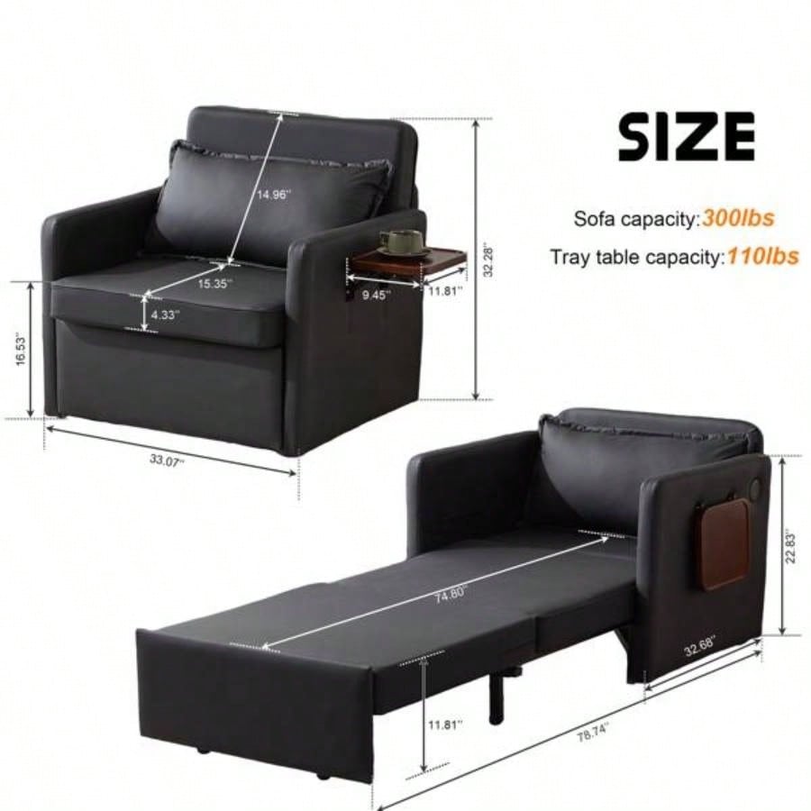 Adult Sleeper Chair Bed, 3 - in - 1 Convertible Sofa Chair Bed Pull - out Sofa Bed, Convenient Folding Tray Table with USB and Type - C Charging Ports Living Room, BLACK, Leather
