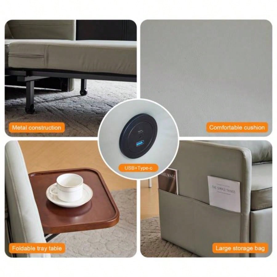 Adult Sleeper Chair Bed, 3 - in - 1 Convertible Sofa Chair Bed Pull - out Sofa Bed, Convenient Folding Tray Table with USB and Type - C Charging Ports Living Room, LIGHT - Leather