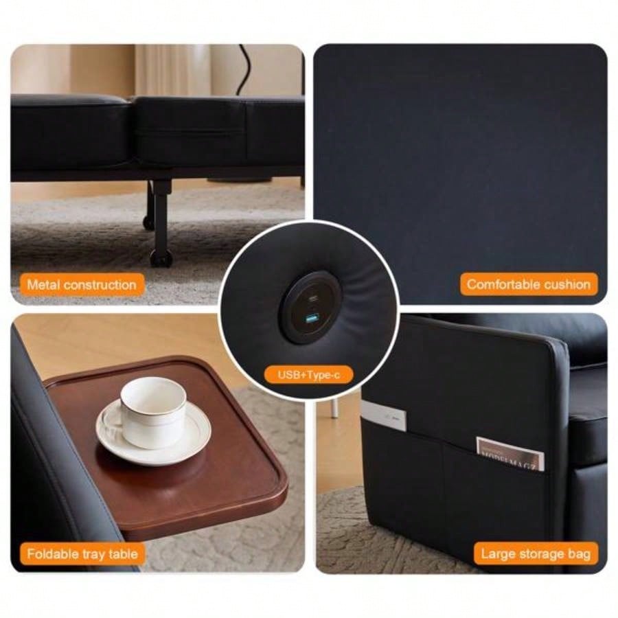 Adult Sleeper Chair Bed, 3 - in - 1 Convertible Sofa Chair Bed Pull - out Sofa Bed, Convenient Folding Tray Table with USB and Type - C Charging Ports Living Room, BLACK, Leather