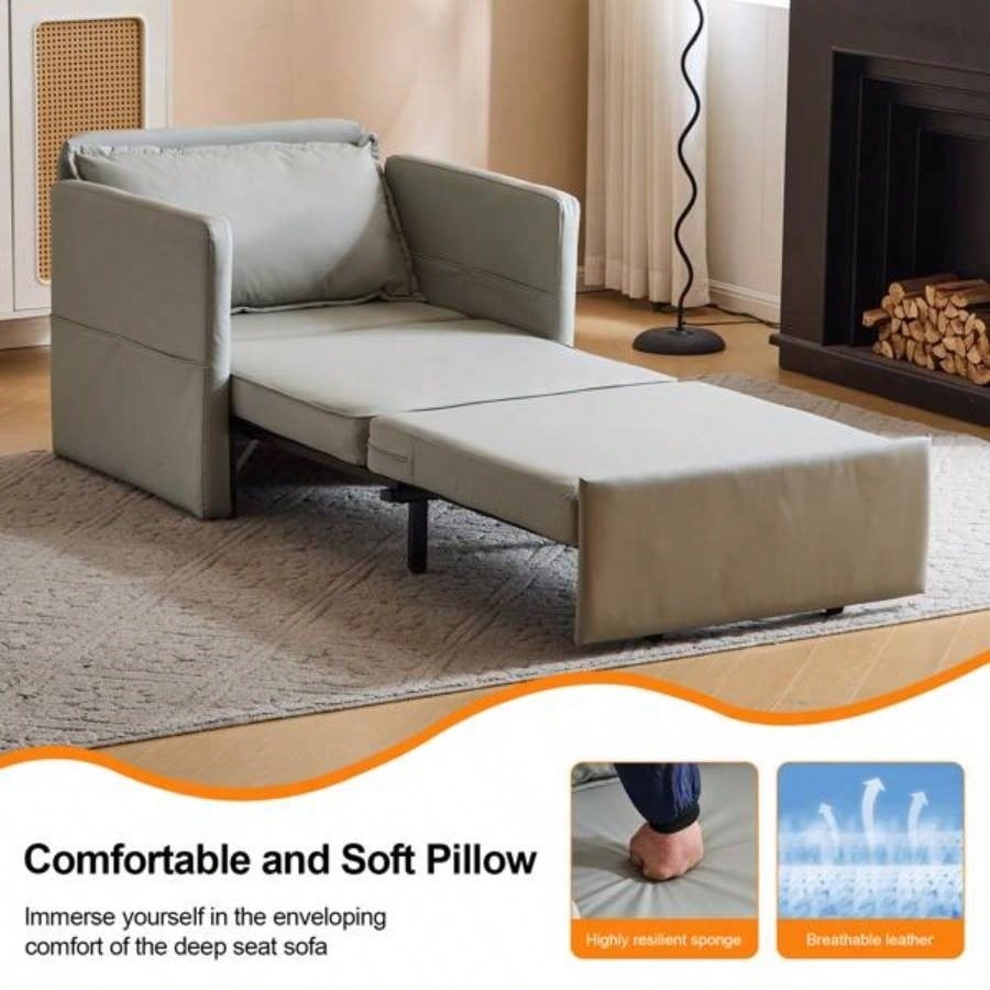 Adult Sleeper Chair Bed, 3 - in - 1 Convertible Sofa Chair Bed Pull - out Sofa Bed, Convenient Folding Tray Table with USB and Type - C Charging Ports Living Room, LIGHT - Leather