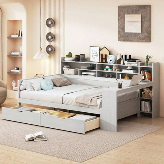 Wooden Full Size Daybed with Storage Shelves, Multi - functional Bed with Two Storage Drawers and Study Desk, Antique White