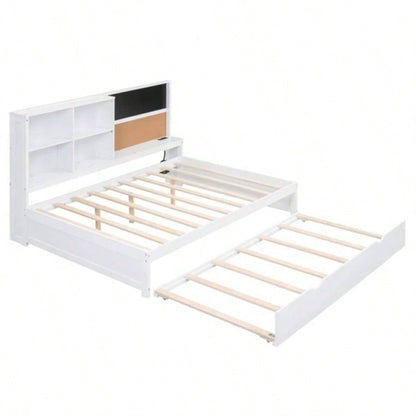 Full Size Daybed with Storage Shelves, Blackboard, Cork board, USB Ports and Twin Size Trundle, White